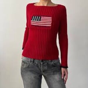 Vibrant Red Crew Neck Sweater with Patriotic Flag Design